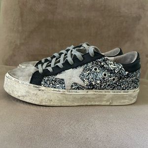 Golden Goose grey glitter, with white suede star.